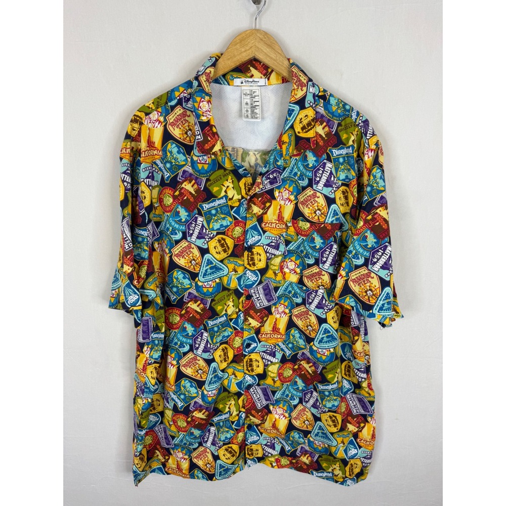 Disney Parks Attraction Patch Print Button Down Shirt XXL Disneyland Resort